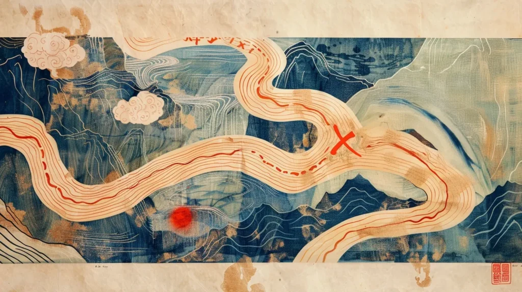 Illustrated map with three winding paths converging at a red X destination marker.