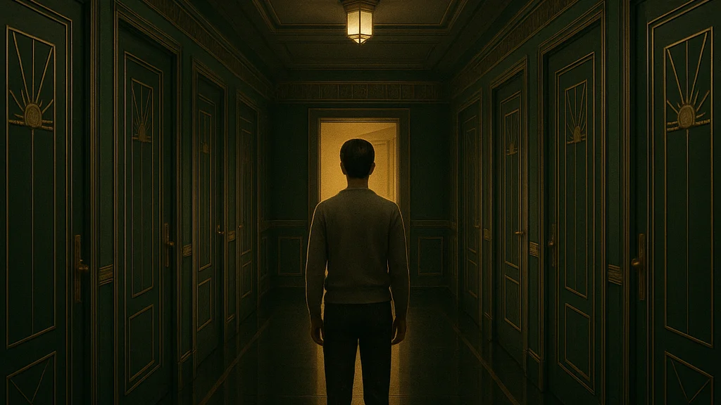 Long hallway with many closed doors and one softly lit open doorway.