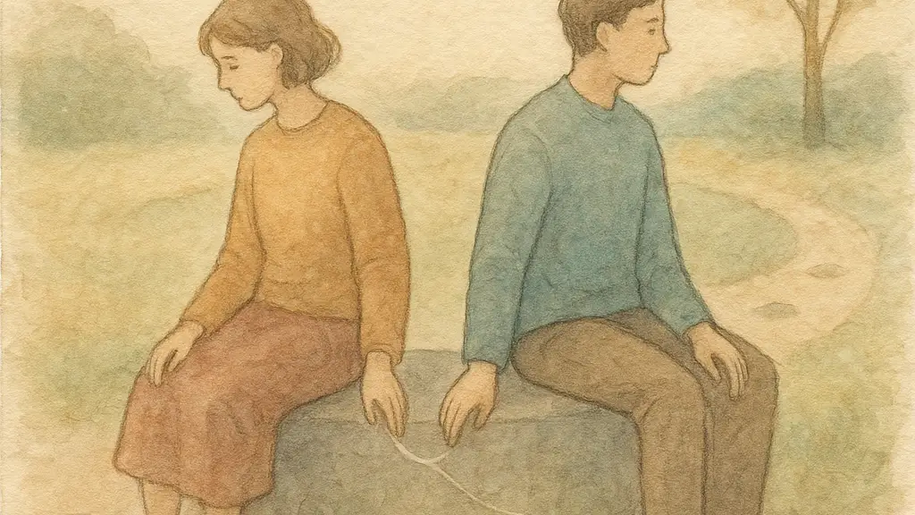 Two figures stand near each other with visible space still held between them.