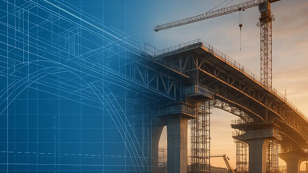 Blueprint lines transition into a real bridge under construction.