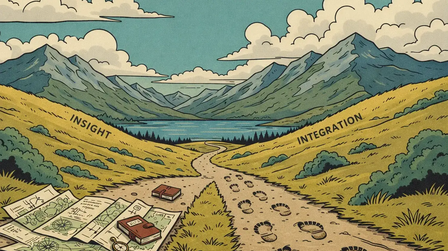 A mountain valley scene with two labeled routes, Insight and Integration, converging into one path with maps and footprints in the foreground.