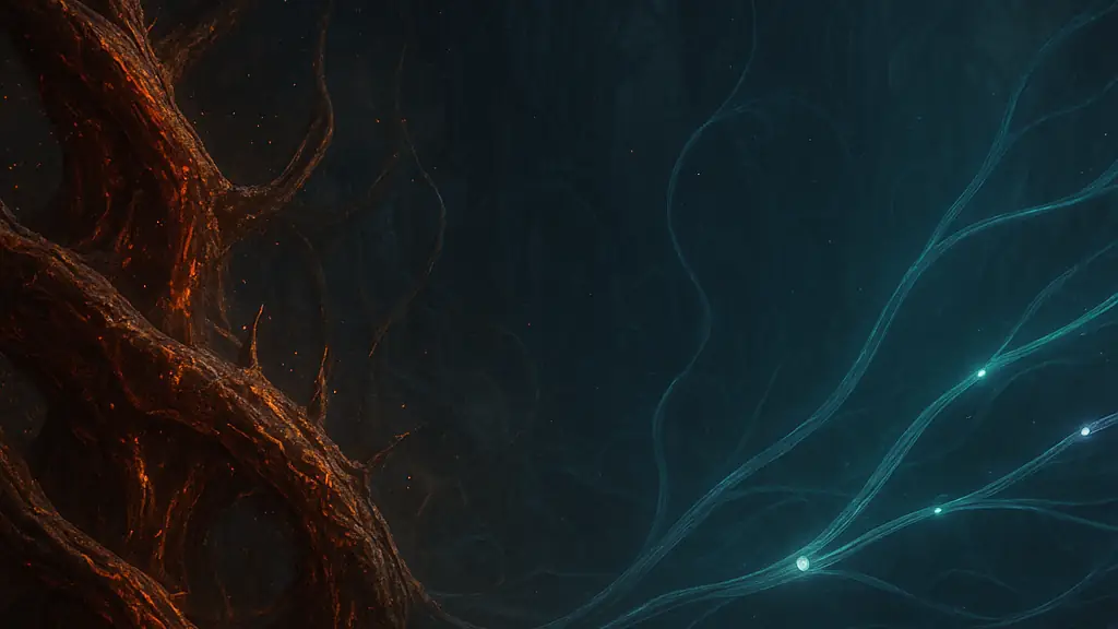 An abstract dark fantasy pathway network where older defensive routes glow strongly while newer calmer routes gradually illuminate.