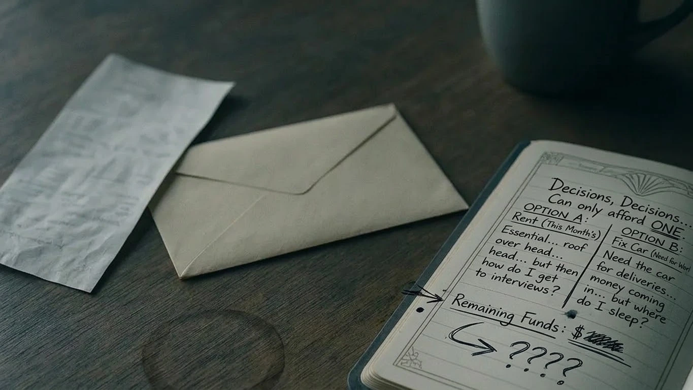 A receipt, sealed envelope, and handwritten decision page sit on a dark wooden table beside a mug.