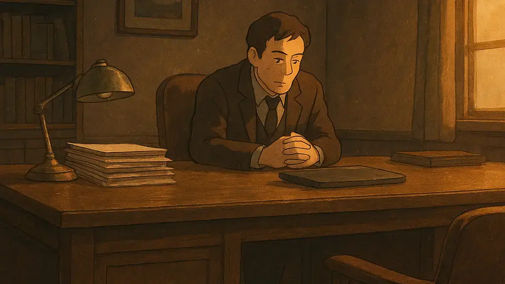 A founder sits alone at an oversized desk while an empty second chair waits nearby in a modest office.