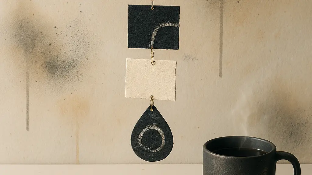 Graffiti-style hanging paper mobile above a table with a teacup, smooth stone, and index card.