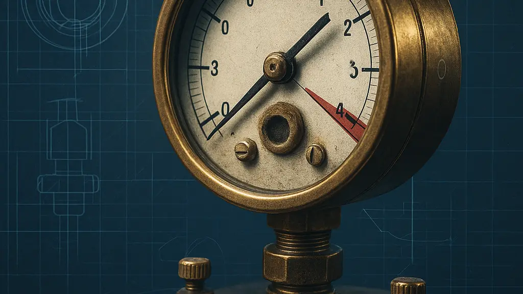 Brass pressure gauge easing back as release valves open across a lined chamber