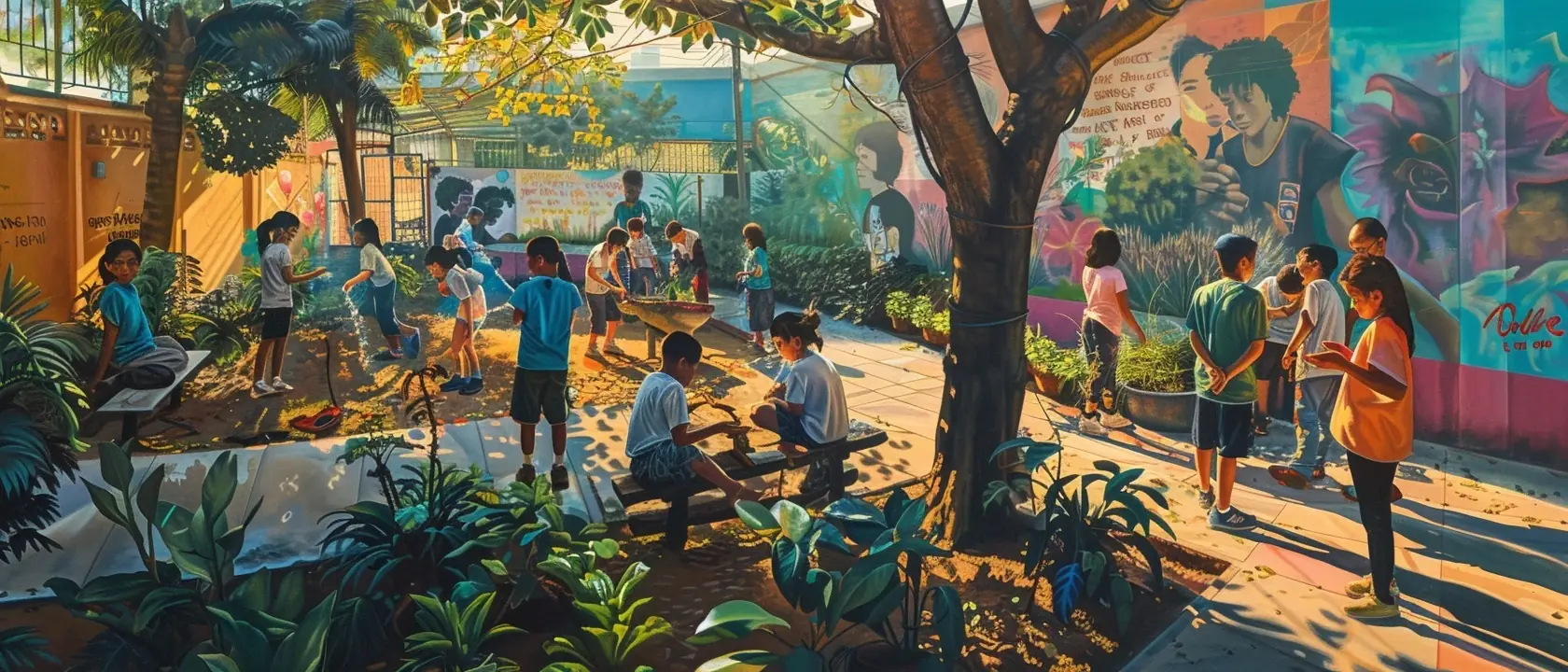 Renaissance-style school courtyard transformed into a thriving garden, with students rebuilding together, symbolizing regulation-first and repair-first discipline.