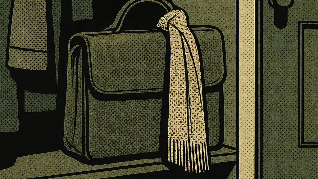 An open coat closet holds a packed work bag, aligned shoes, and a scarf pulled tight around the bag handle.