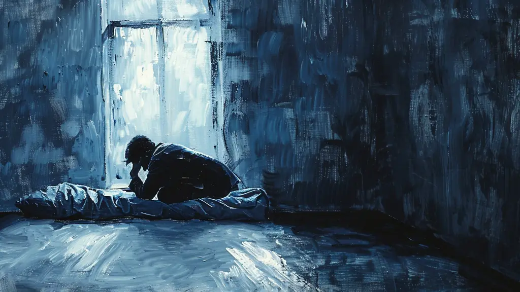 A lone figure curls on a bed in a dim blue-gray bedroom while shadowy silhouettes and distorted faces loom under cold moonlight.