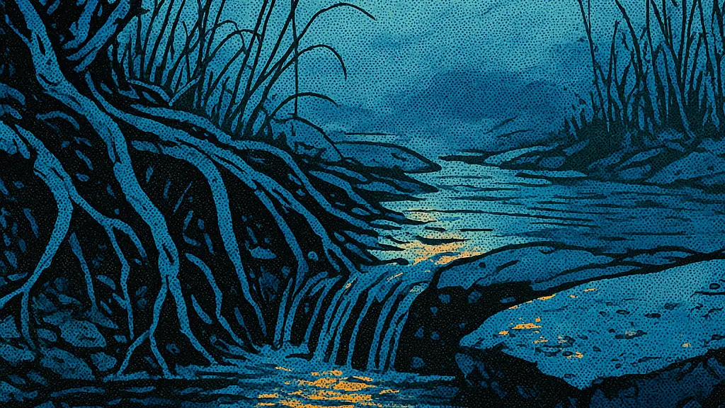 Spring water moving through tangled roots and stone at dawn, with a narrow channel opening into a steadier visible flow.