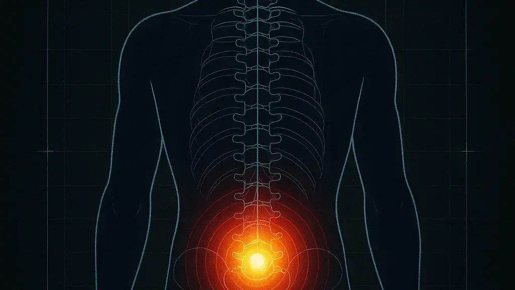 X-ray-style body silhouette with highlighted lower-back pain zone in technical blueprint format.