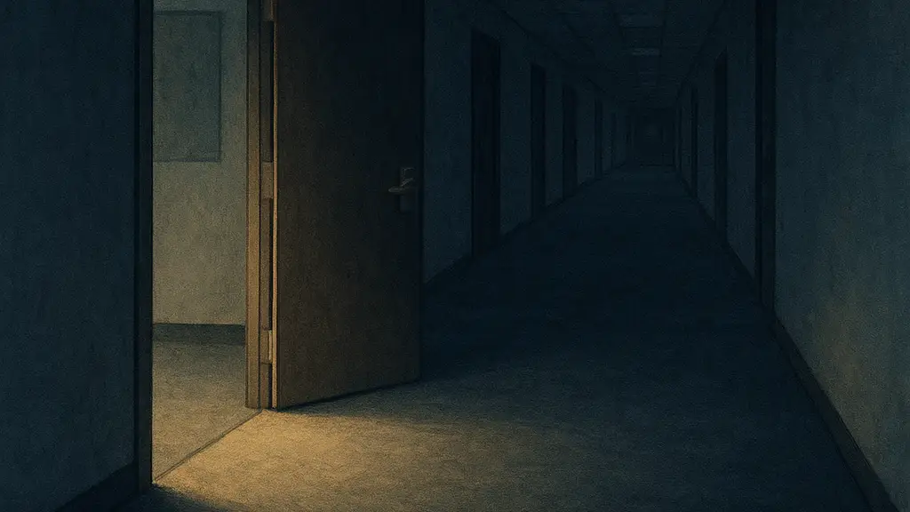 An after-hours office corridor leads to one bright doorway with a discarded note near the threshold.