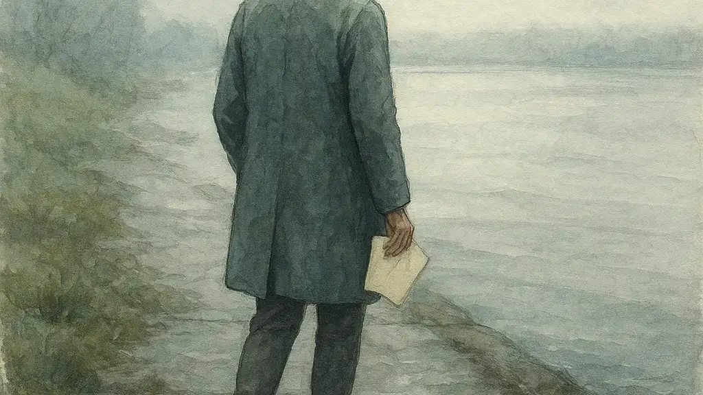 A watercolor-style figure walking along a misty riverside path with a folded page in hand, moving forward before the horizon becomes clear.