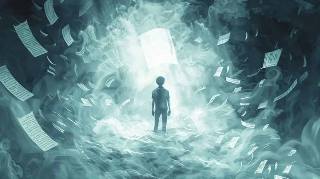 Surreal illustration of a person in a storm of swirling papers reaching toward one calm illuminated page.