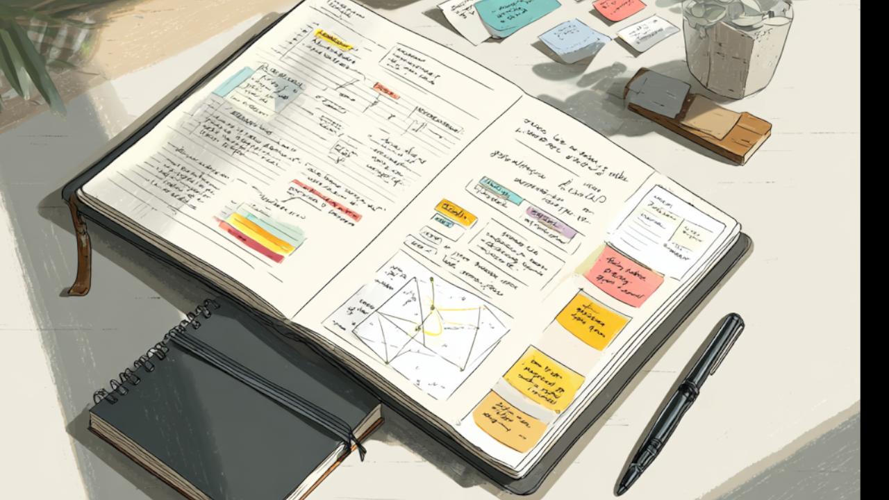 An open workbook filled with diagrams, notes, and color-coded sticky tabs suggests active practice, refinement, and applied learning rather than abstract knowledge alone.