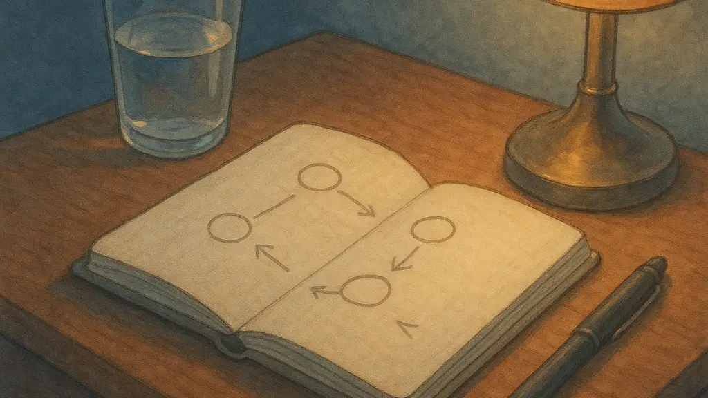 An open notebook, pen, and glass of water sit on a bedside table beside a dim lamp, evoking the reflective questions that keep working after a session ends.