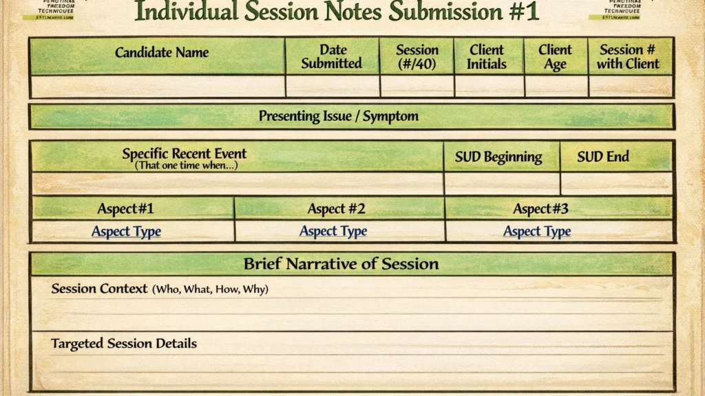 Vintage illustrated Clinical EFT session notes submission form with fields for presenting issue, specific recent event, aspects, SUD beginning and end, and targeted session details.