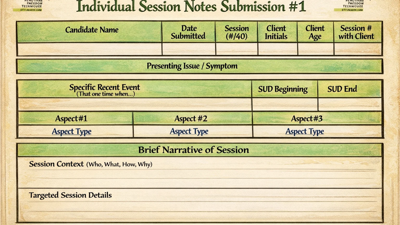 Vintage illustrated Clinical EFT session notes submission form with fields for presenting issue, specific recent event, aspects, SUD beginning and end, and targeted session details.