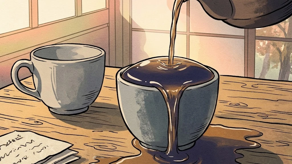 Tea pours from a small kettle into an already full porcelain cup while it overflows across a wooden table beside an empty cup and mentoring notes.