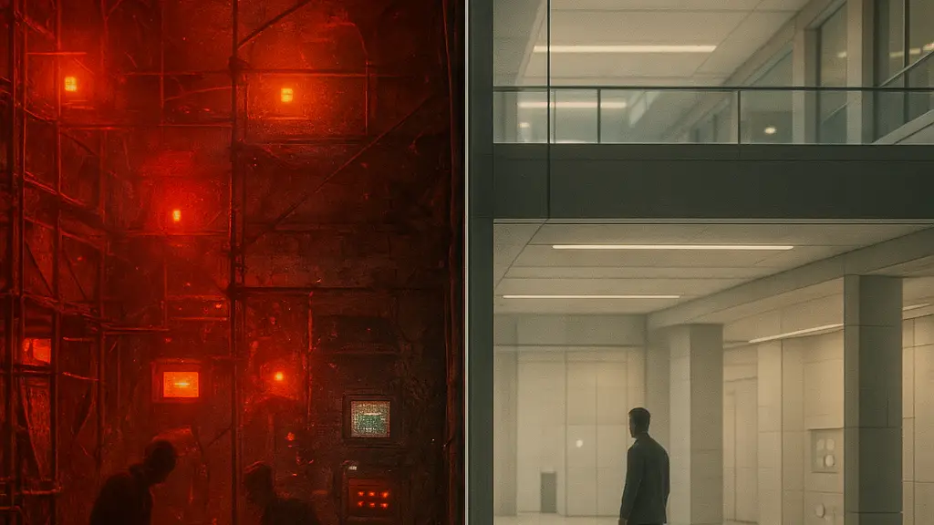 A single figure stands still while noise and signals press in from the edges.