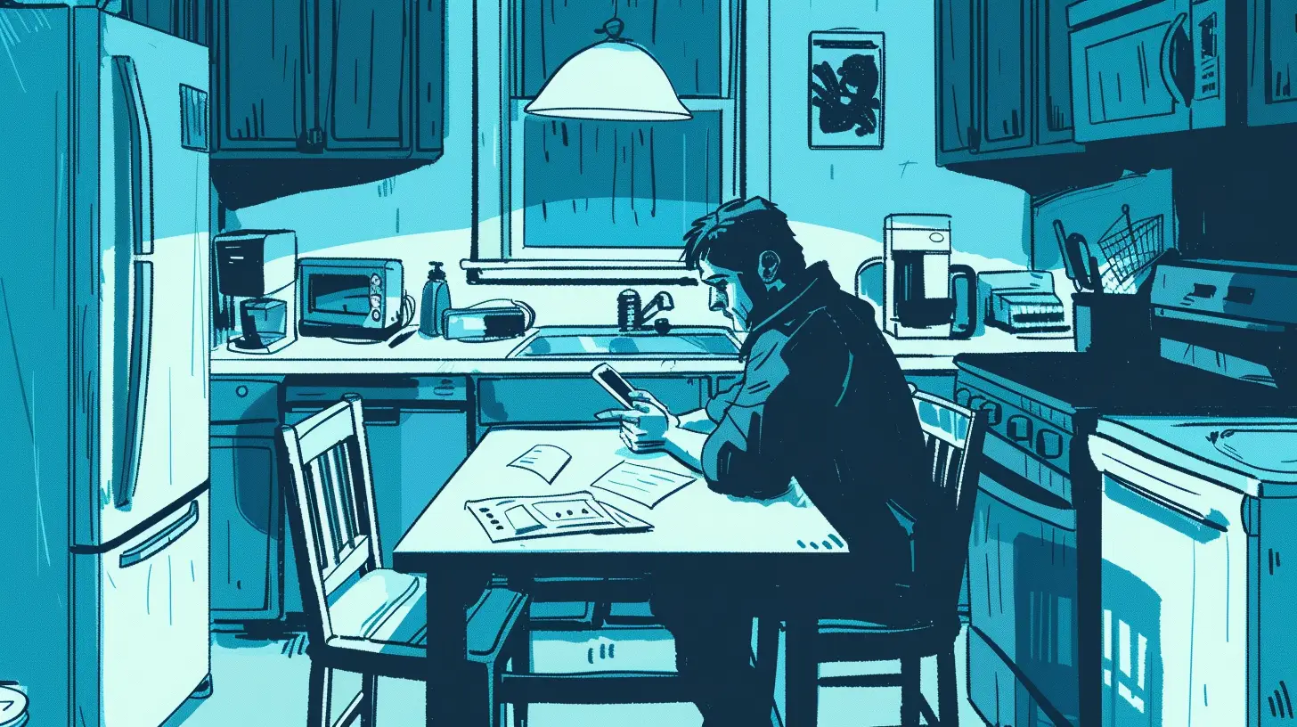 Blue-toned illustration of a person at a kitchen table checking a banking app beside unpaid bills under a harsh overhead light.