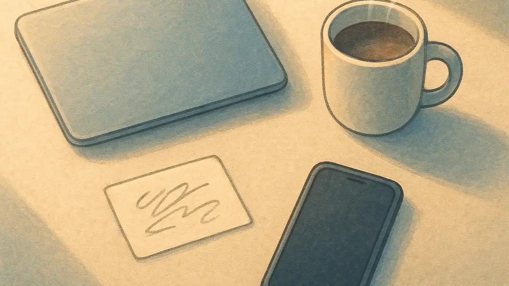 A small workspace at first light with a laptop not yet opened to the day's noise.