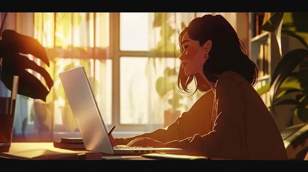 Film-noir inspired image of a professional leaning back after a short writing session, shoulders relaxed at a tidy desk in warm evening light, representing accountable follow-through.