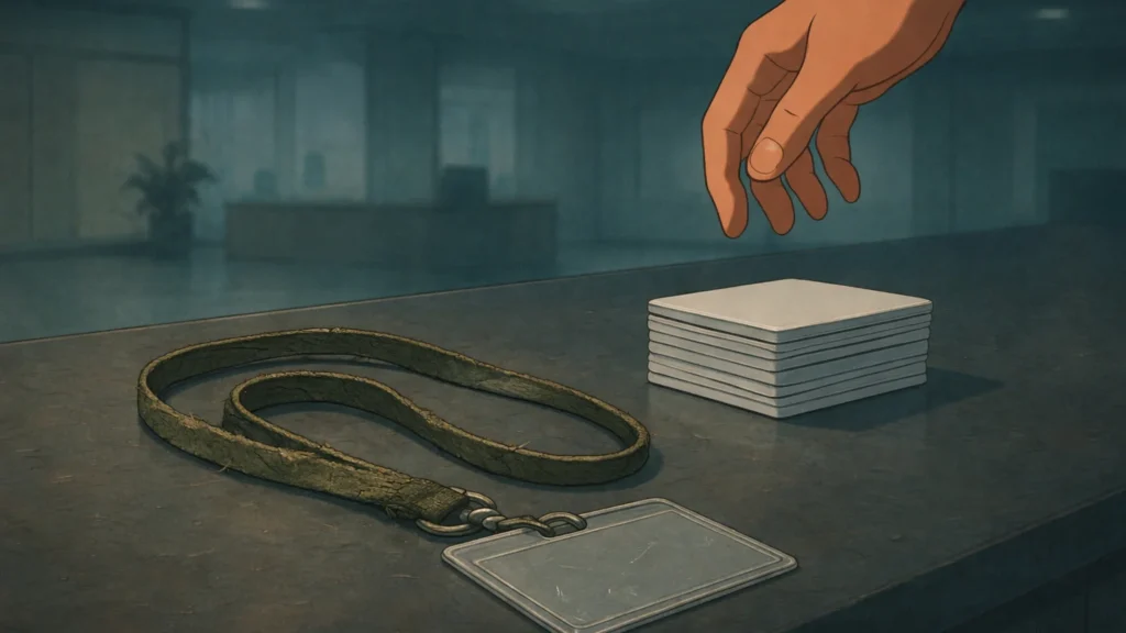 Illustrated office counter with a worn employee ID badge beside a stack of blank access cards as a hand reaches in.