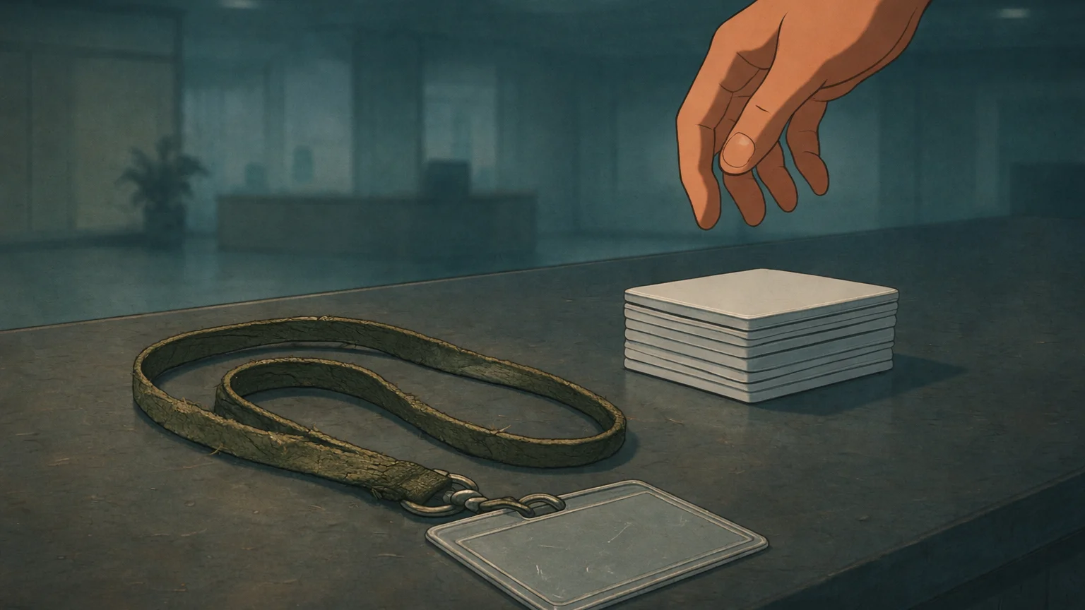 Illustrated office counter with a worn employee ID badge beside a stack of blank access cards as a hand reaches in.