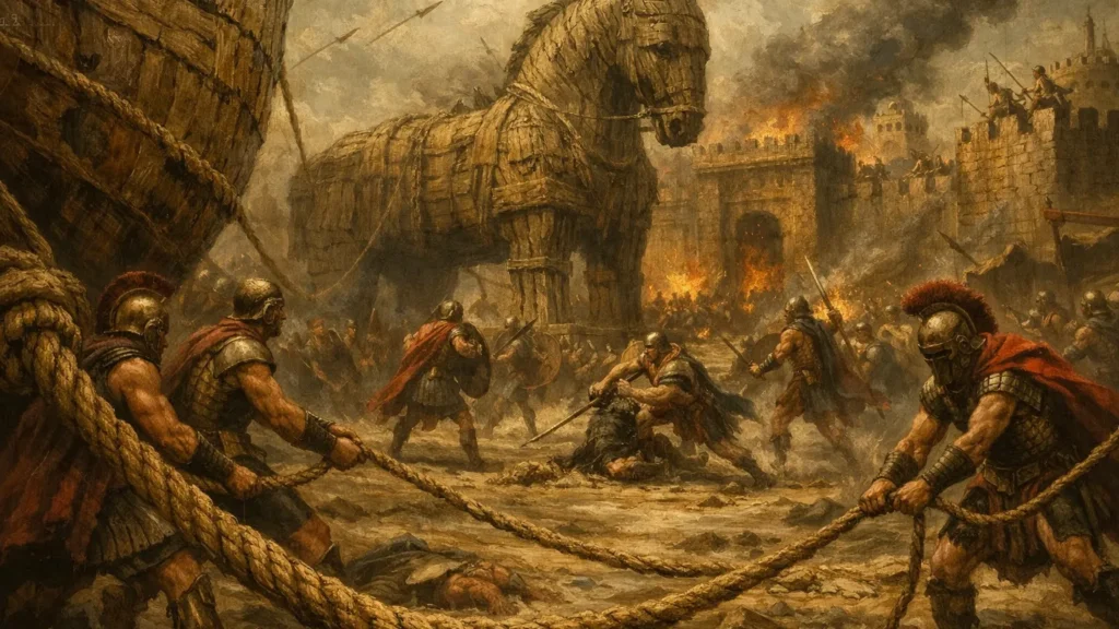 A giant wooden horse stands before burning city walls as soldiers fight in smoke and fire.