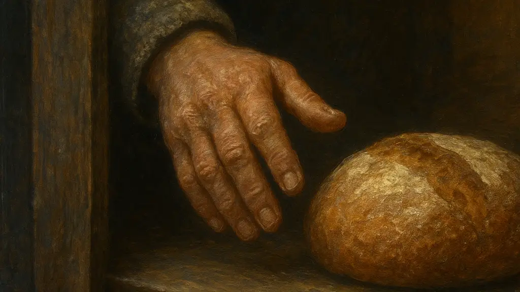 a worn hand stopping short of lifting a single loaf at a bakery doorway.