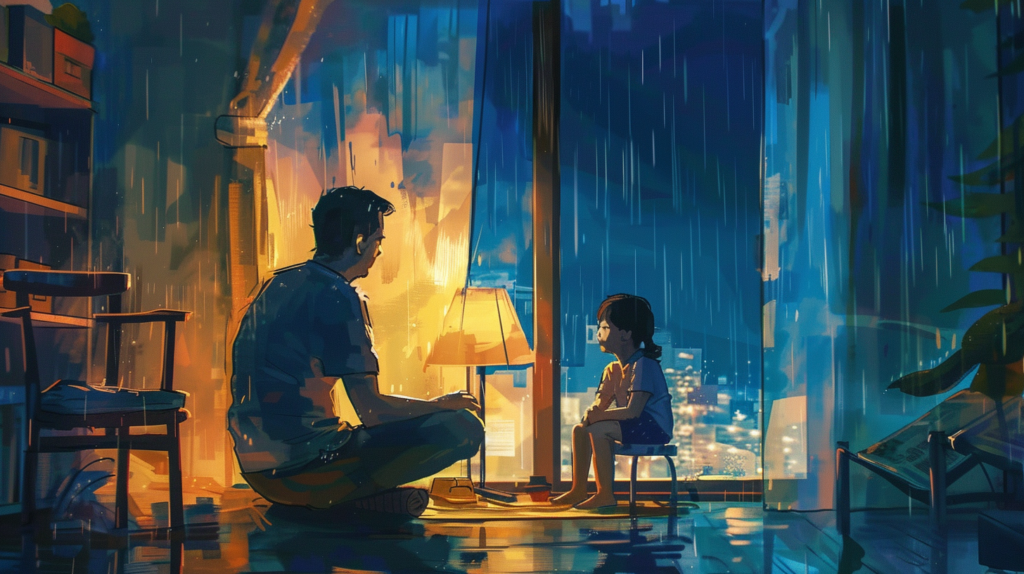 An adult and child sit facing each other in a rain-lit room, holding a quiet pause before the next response.