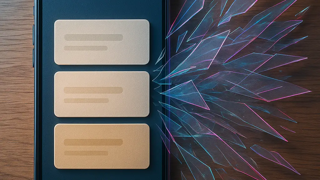 Neon alert shards spill from a phone on a wooden table while three calm update cards remain steady on the screen.