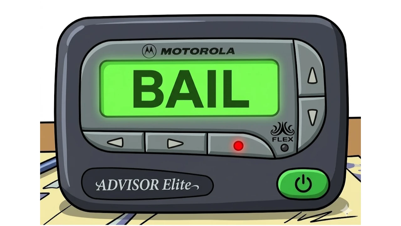 A Motorola pager displays the word BAIL on a bright green screen.