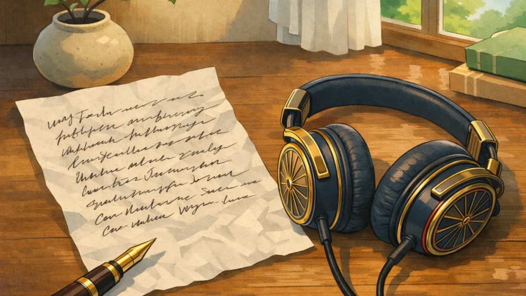 Illustrated headphones beside a handwritten lyric page and fountain pen on a sunlit wooden table.