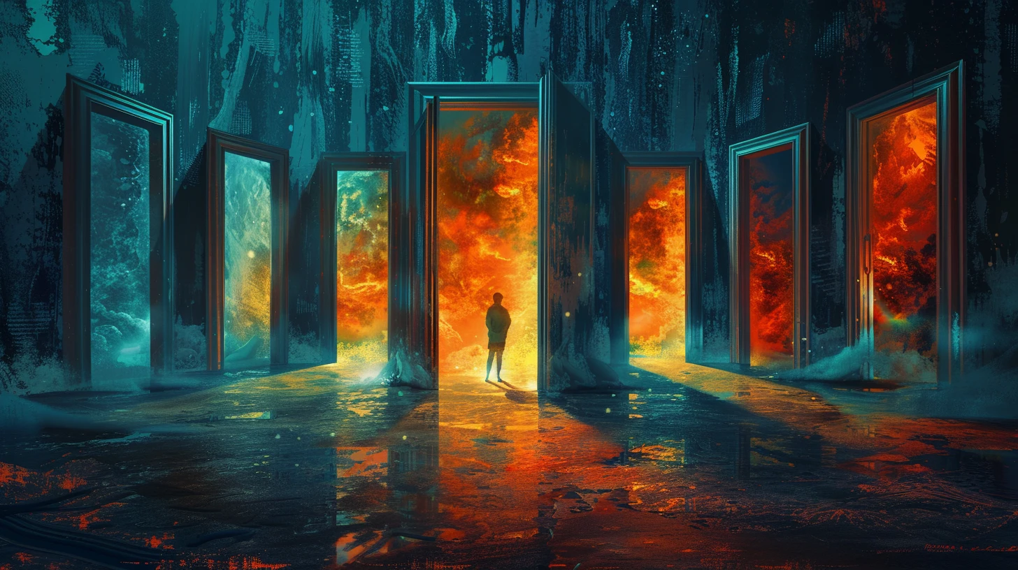 A lone figure stands among several open doorways glowing with blue and orange light in a dark reflective room.