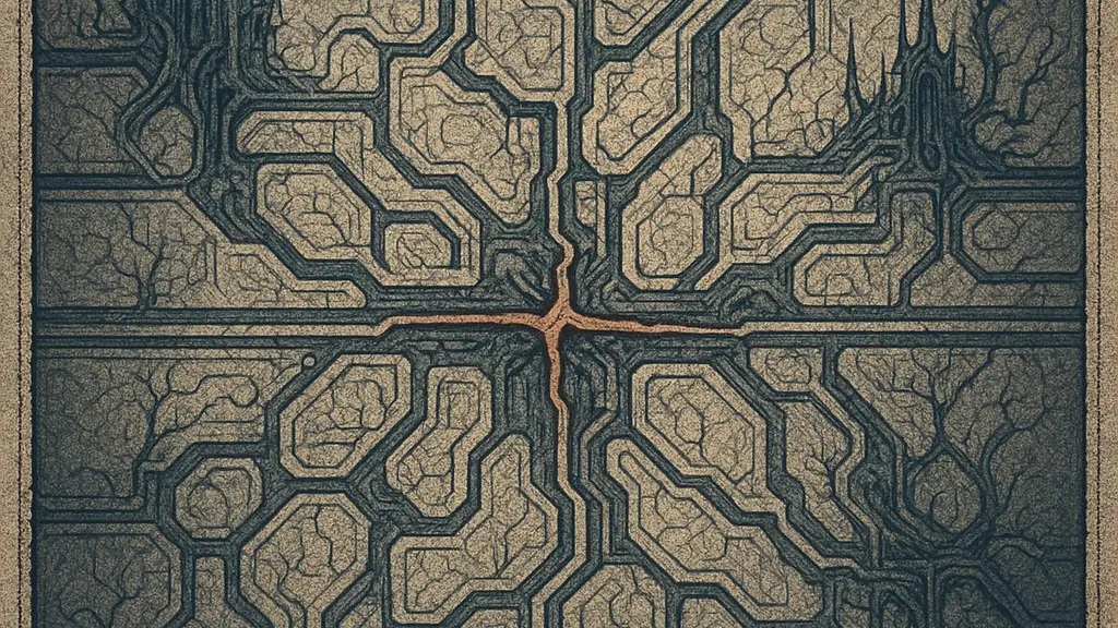 Nested micro and macro pathways sharing the same geometry with one repeated break becoming visible at both scales.