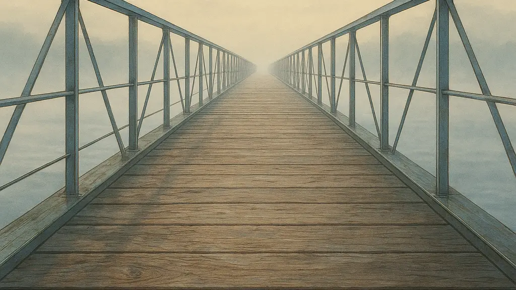 A long pedestrian bridge where weathered wooden planks transition into slim new steel supports over pale morning fog.