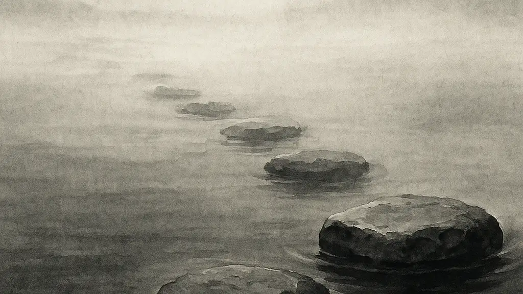 Stepping stones cross dark water in light mist, with only the next few visible.