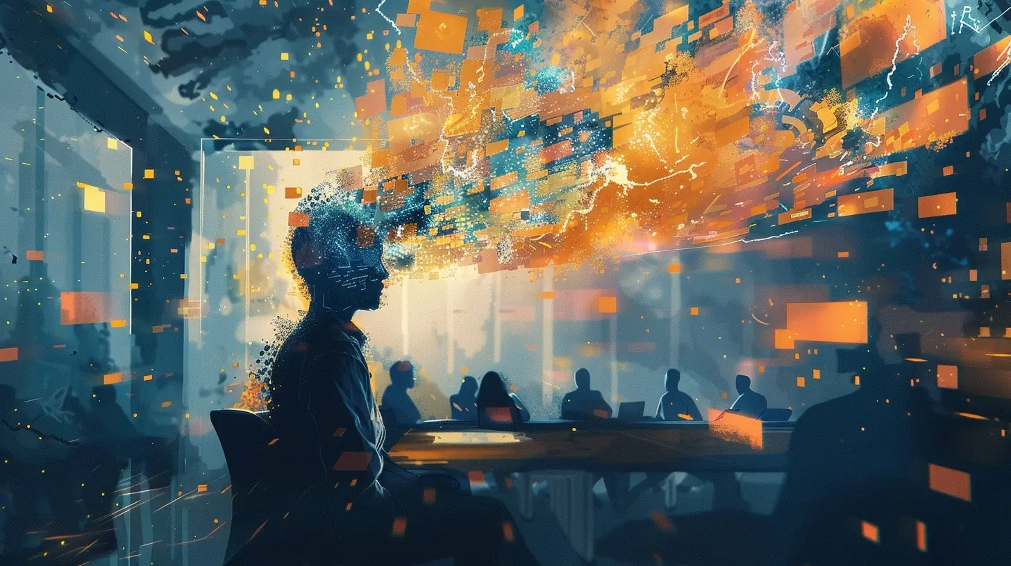 Business leader holding focus at a conference table while charts, messages, and decision paths swirl overhead under pressure.