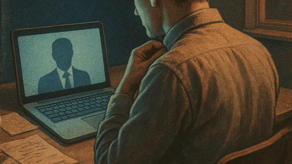 an employee straightening posture and rehearsing another explanation before joining a video meeting at a small home desk.