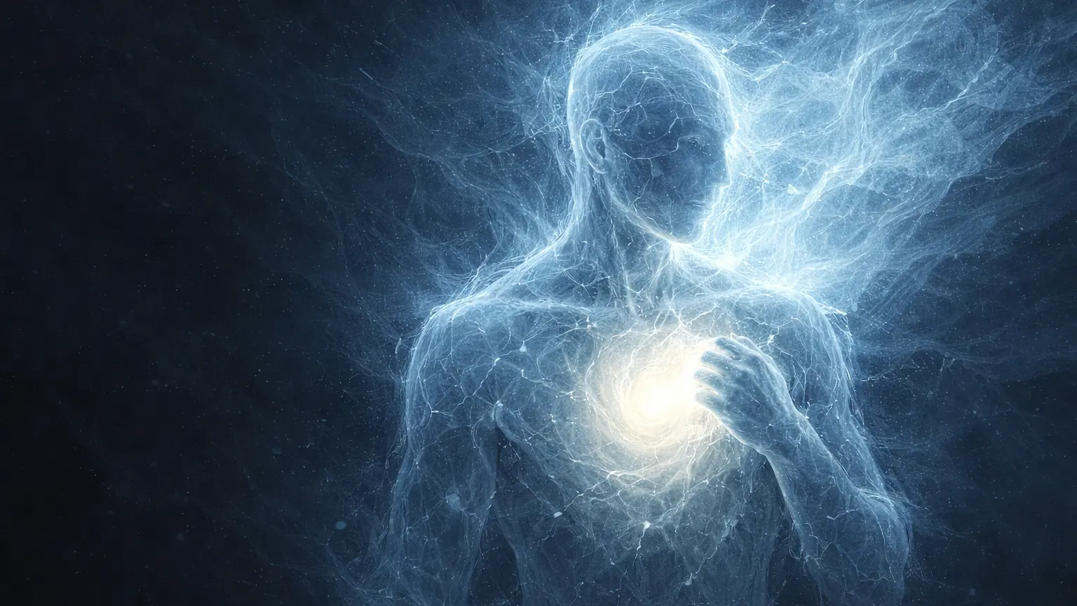 An ice-formed human figure with a warm light glowing at the heart, suggesting freeze beginning to thaw.