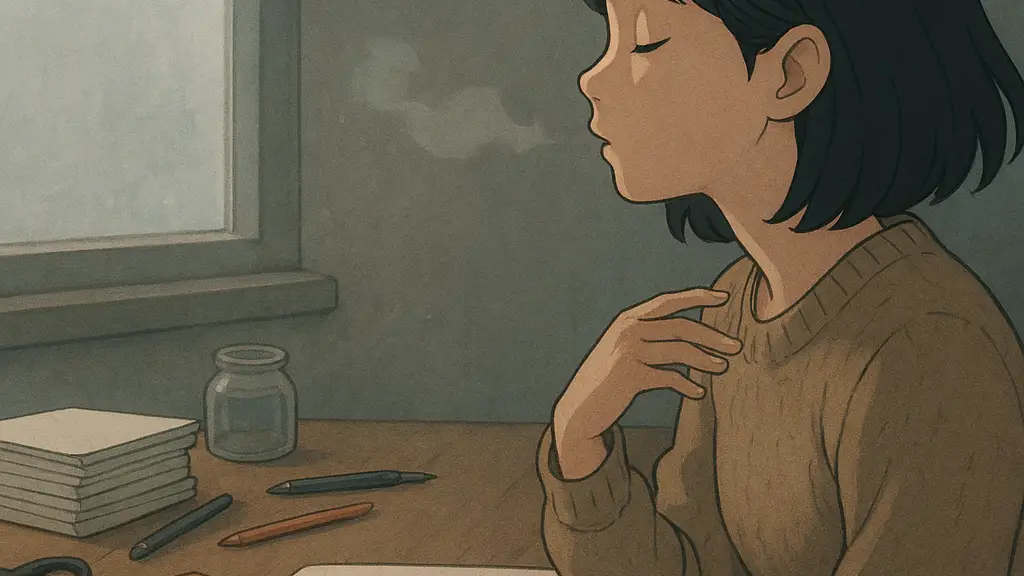 A practitioner pauses at a quiet desk with one hand near the collarbone, representing referral-driven demand overload softening into partial relief.