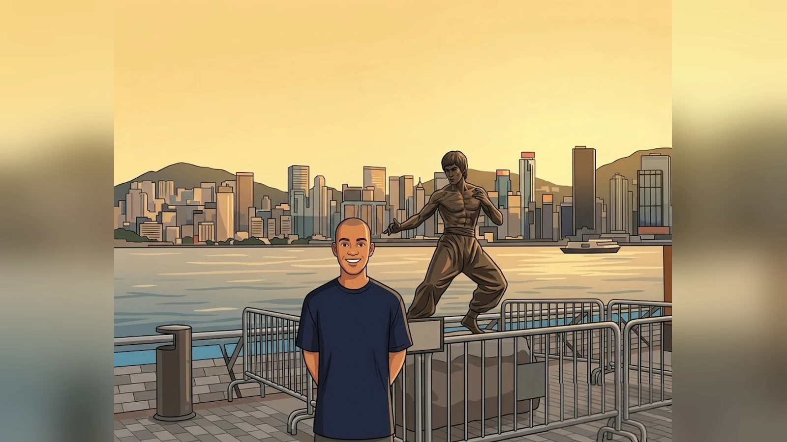 Cartoon-style rendering of a 2005 Hong Kong photo of Tre Lee standing in front of the Bruce Lee statue.