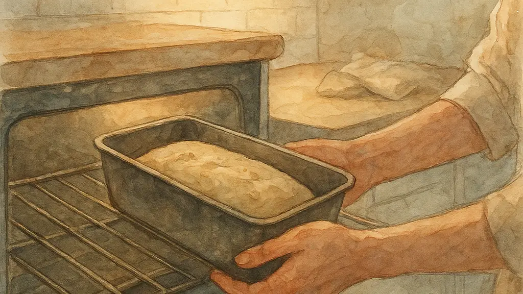 Watercolor illustration of a beginner baker loosening their grip on a misshapen loaf pan and adjusting the oven rack while comparing the batter with the tin rather than staring at the mistake in a small home kitchen.