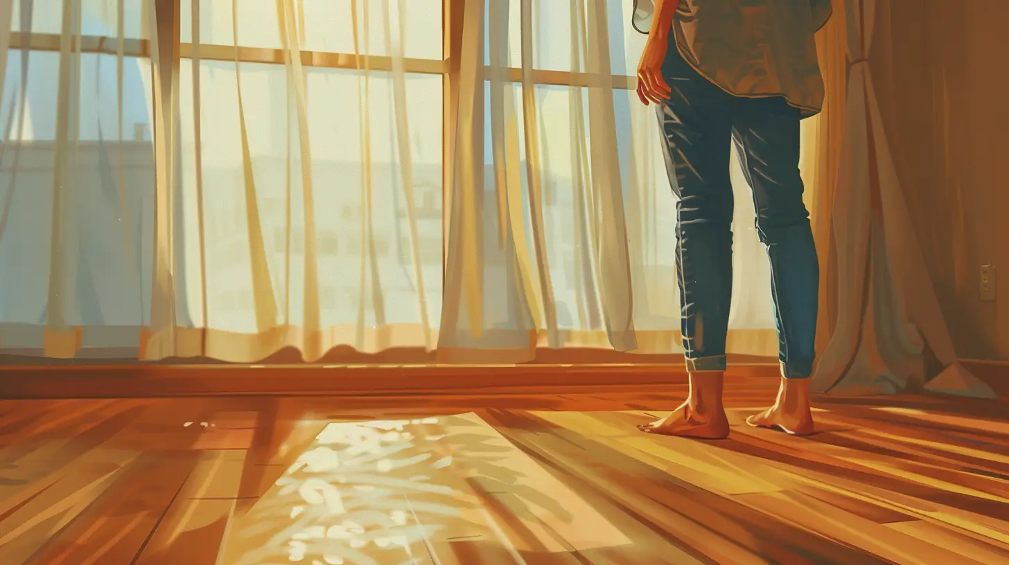 Pop art illustration of a barefoot person standing on a wooden floor near a window in a quiet apartment, feet grounded while the upper body stays subtly tense and the gaze narrows.