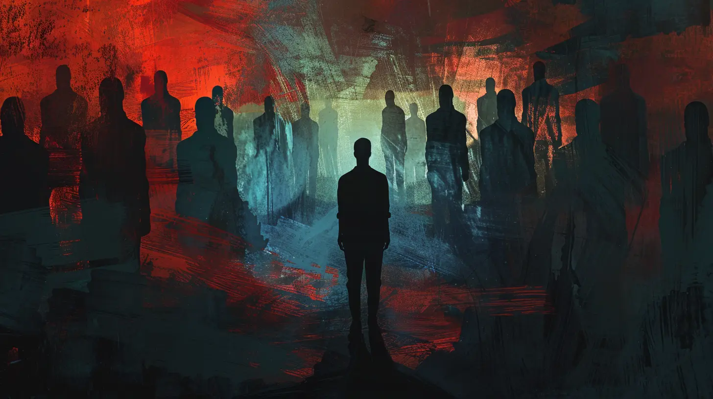Surreal illustration of a tense human figure surrounded by shadowy silhouettes and faint emerging faces, with defensive posture under a dark red to deep blue spotlight.