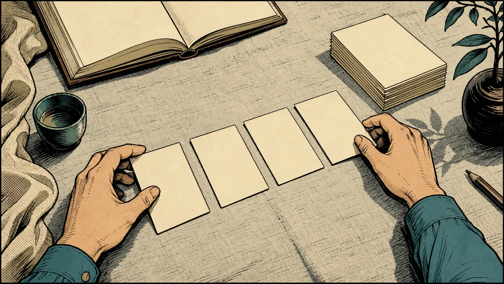 Hands arrange blank practice cards into a clear path beside a fuller stack and an open mentor notebook.