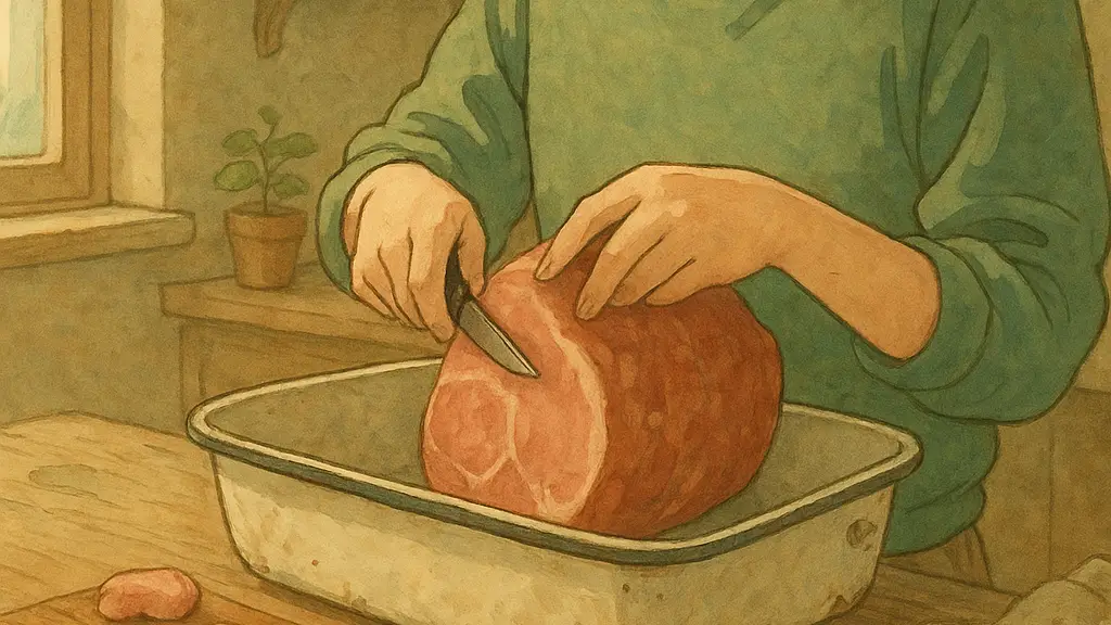a person trimming both ends from a ham before lowering it into a too-small inherited roasting pan in a modest apartment kitchen.