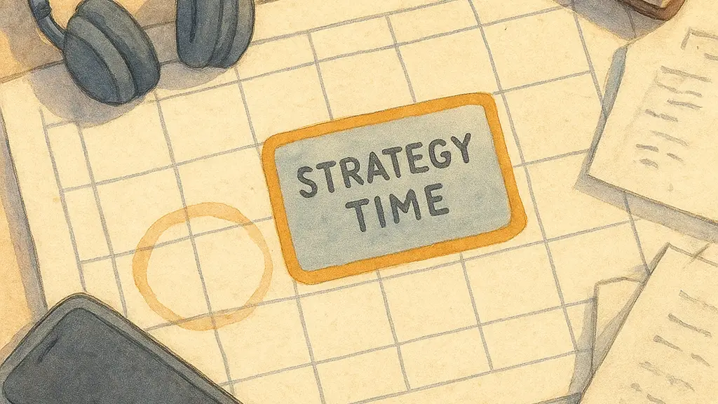 a weekly planner opened to one deliberate block of strategy time while a phone.